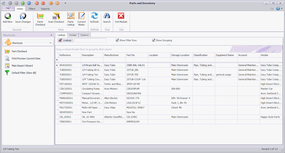 Parts and Inventory Module Lookup screenshot