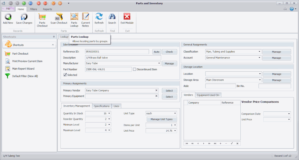 Parts and Inventory Module Details screenshot