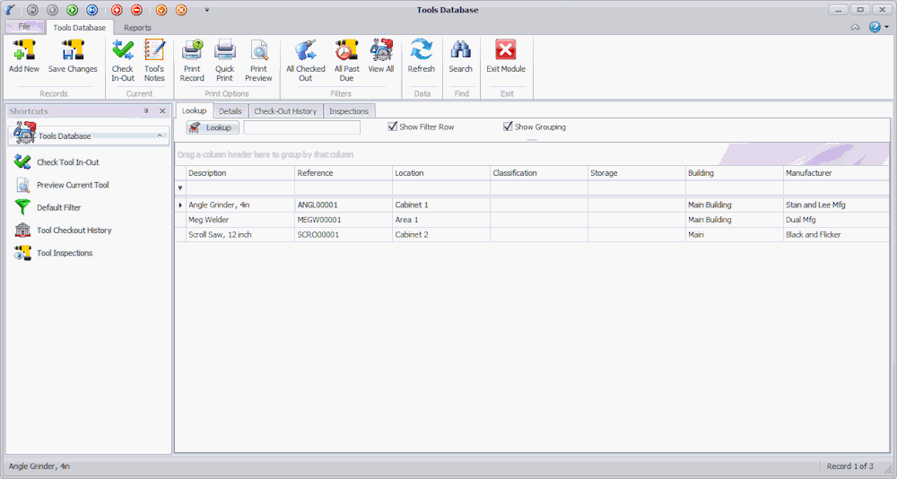 Tools database screenshot